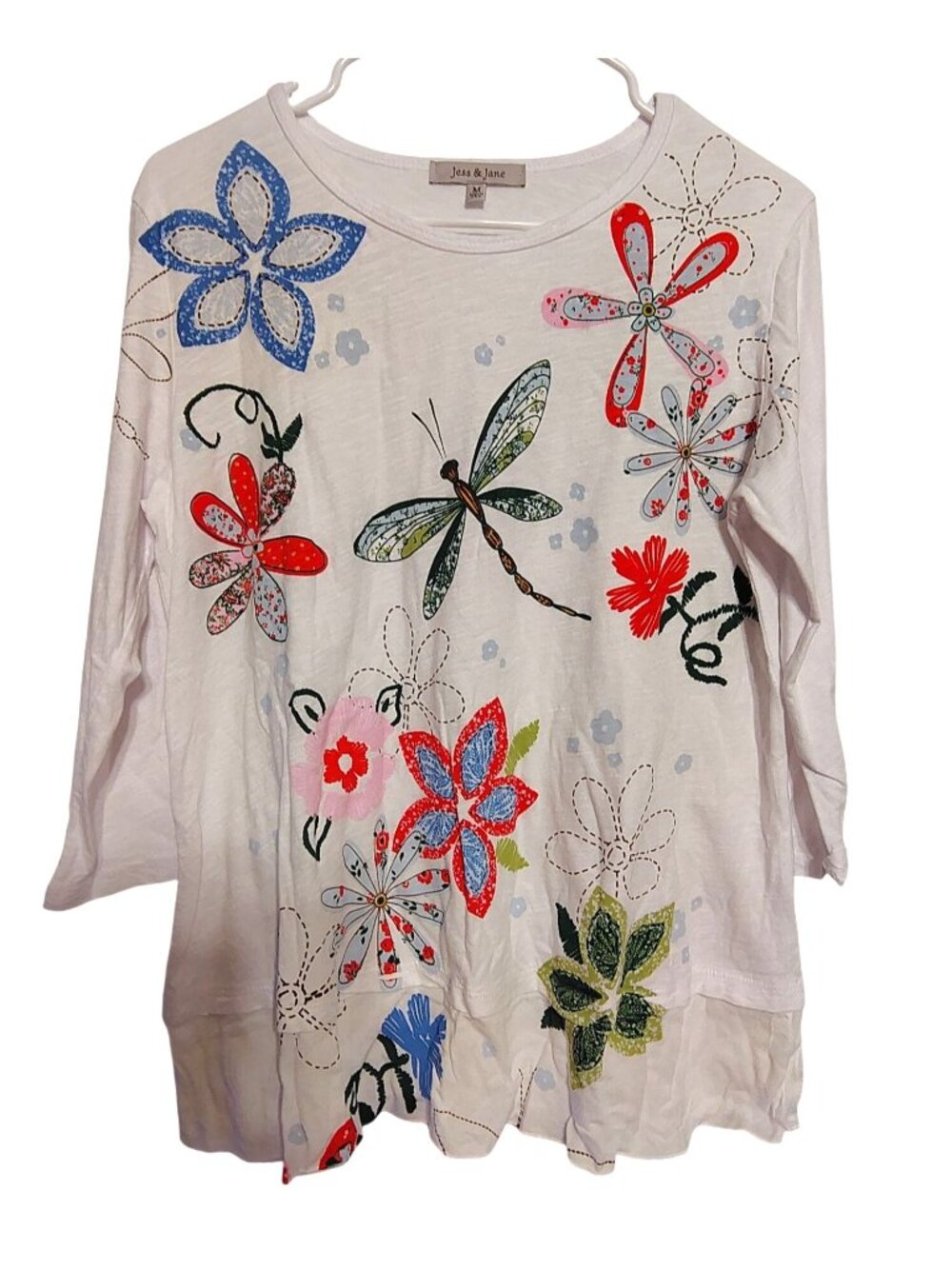 Jess & Jane Medium Tunic Top White, Multicolor Flower Dragonfly, 3/4 Sleeve USA